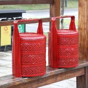 竹制品手工竹编食盒提篮结婚挑担喜事篮婚庆篮聘礼篮多层复古竹篮