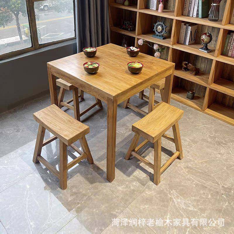 实木快餐桌椅大排档面馆小吃店早餐桌老榆木咖啡桌正方形吃饭桌子