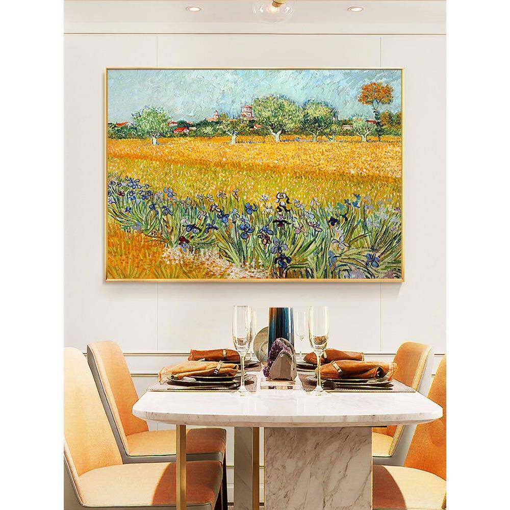 手绘油画梵高麦田与鸢尾花名画玄关装饰画现代客厅餐厅背景墙挂画