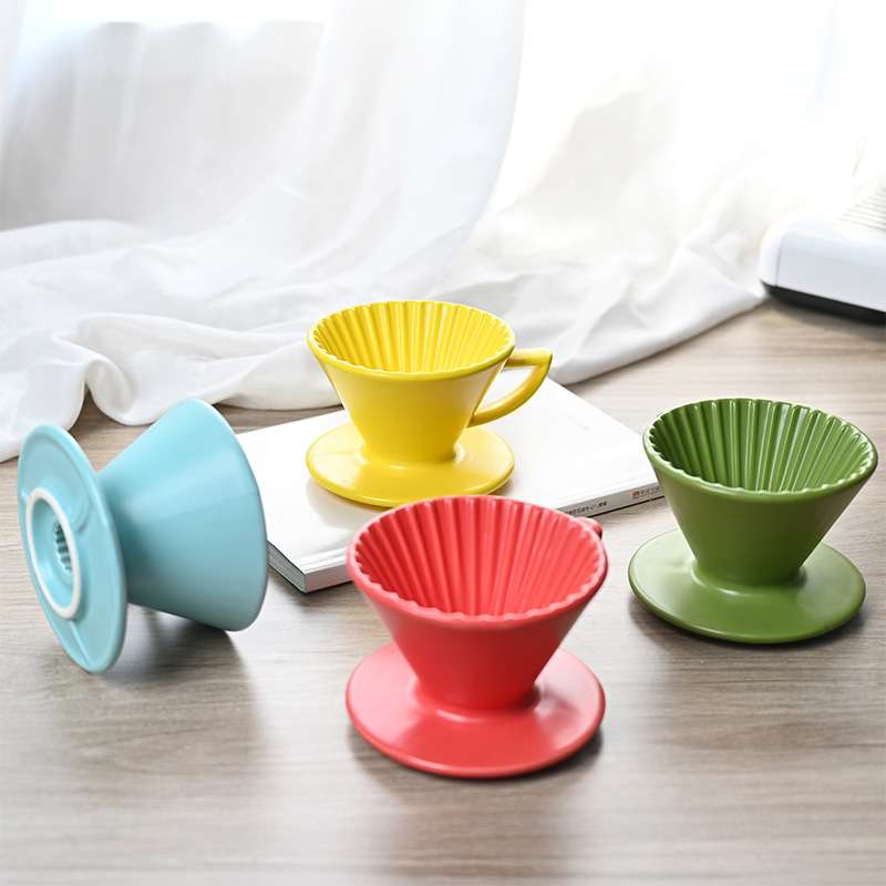 彩色陶瓷滤杯螺纹带把手V60手冲咖啡过滤杯分享壶滤杯托咖啡器具
