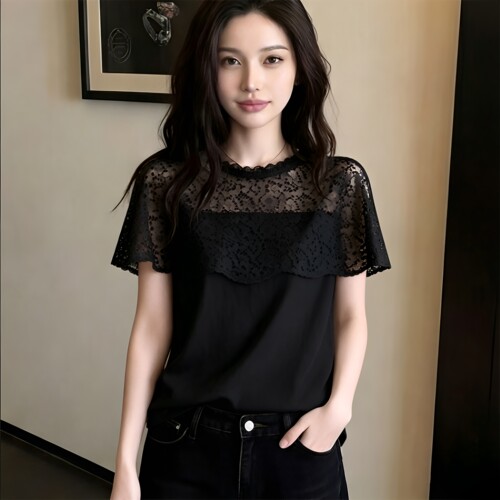 大码显瘦黑色蕾丝披肩短袖镂空花边假两件宽松遮肚遮手臂百搭上衣