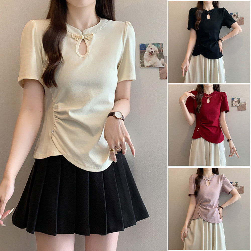 新中式国风红色正肩短袖T恤女2025夏季新款大码微胖mm不规则上衣