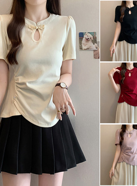 新中式国风红色正肩短袖T恤女2025夏季新款大码微胖mm不规则上衣