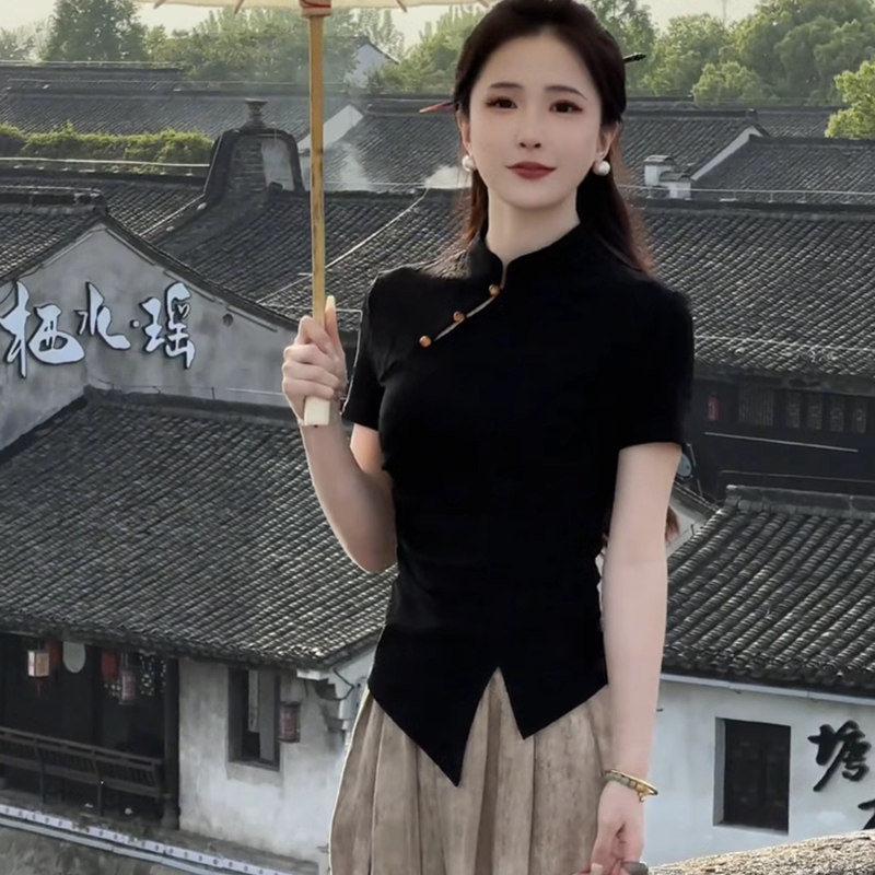 新中式盘扣立领不规则国风女款短袖t恤夏季新款气质修身大码上衣