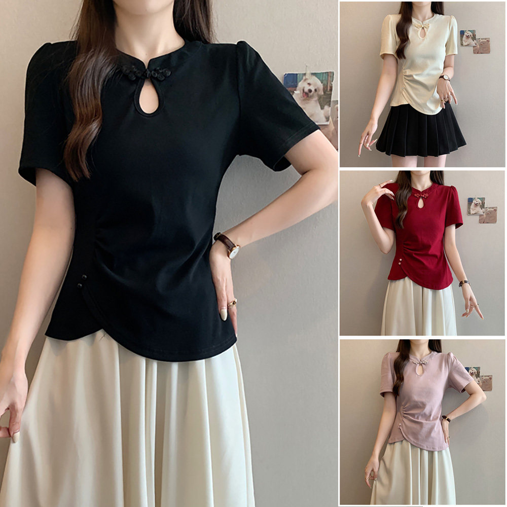 大码新中式国风红色正肩短袖T恤女2025夏季新款微胖mm不规则上衣