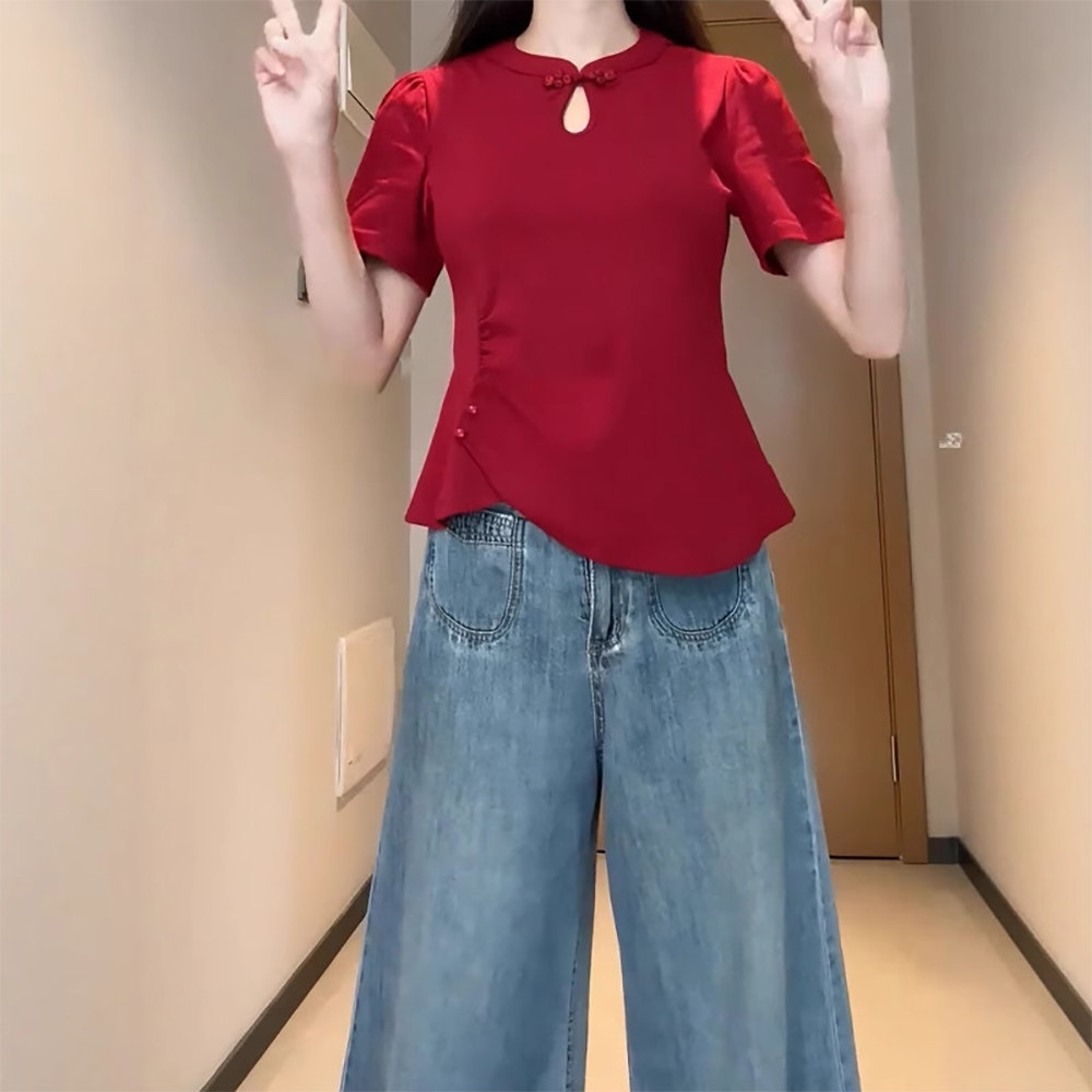 新中式遮肉显瘦复古风短袖洋气T恤女胖mm设计感镂空盘扣正肩上衣,女装/女士精品,上衣,淘宝优惠券,粉丝福利购,淘宝优惠卷