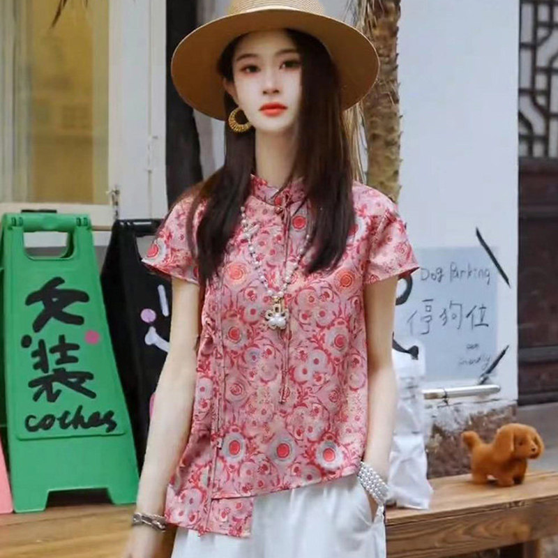 大码国风立领斜开襟三盘扣宽松气质短袖衬衫女新中式嫣红提花上衣