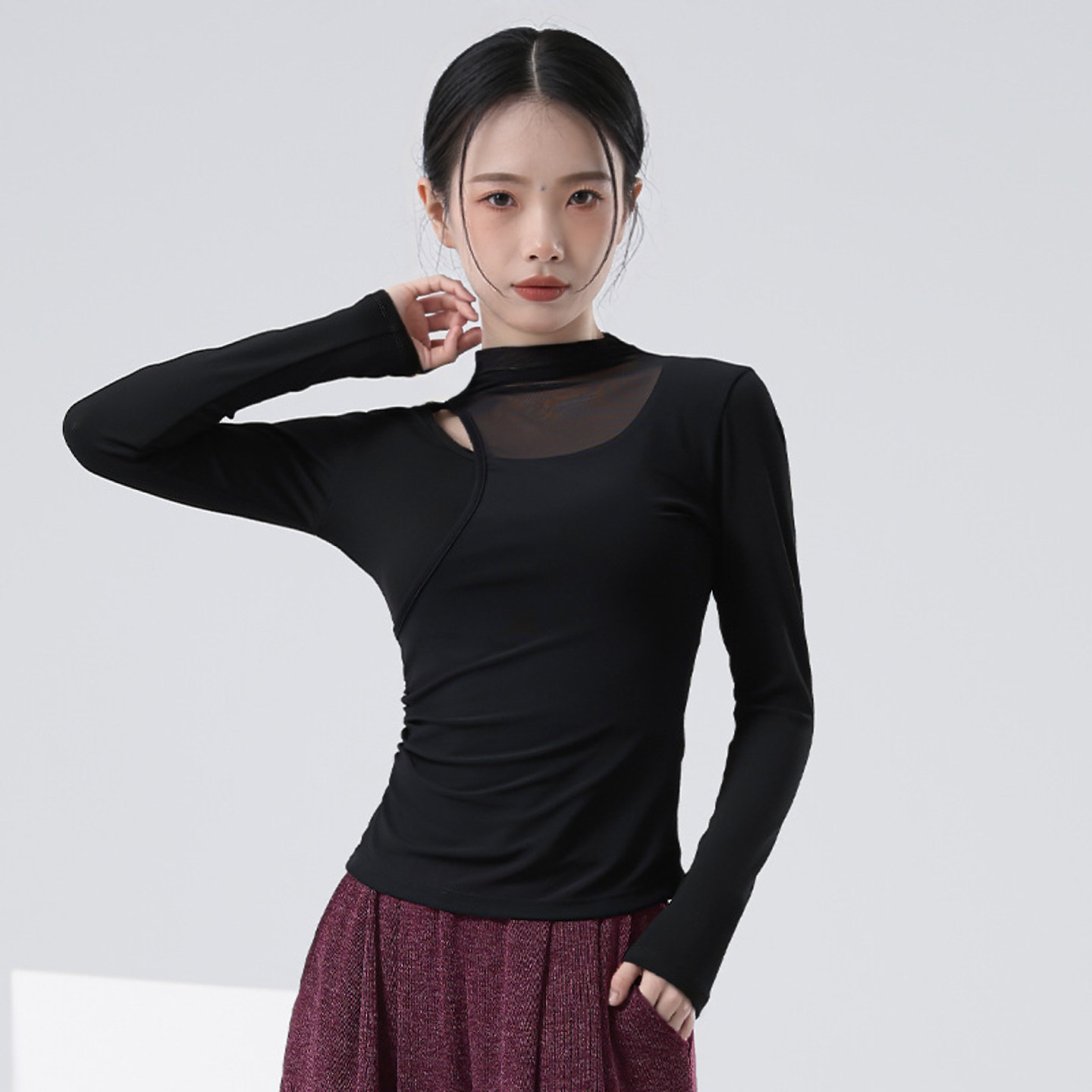 舞蹈服上衣长袖女新款半高领网纱现代古典舞拉丁舞练功服跳舞形体,运动/瑜伽/健身/球迷用品,现代舞服装,淘宝优惠券,粉丝福利购,淘宝优惠卷