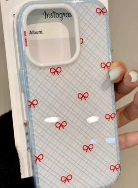 韩系白蓝交叉格纹红蝴蝶结适用iphone16prom苹果15p手机壳14新款
