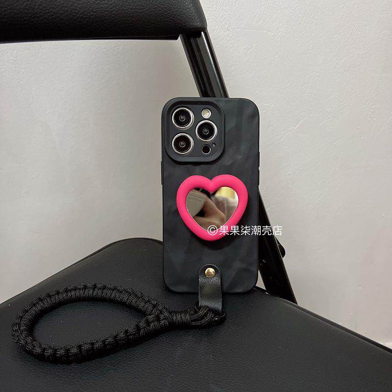 辣妹玫红爱心镜子支架适用于15promax苹果16手机壳14腕带13全包12