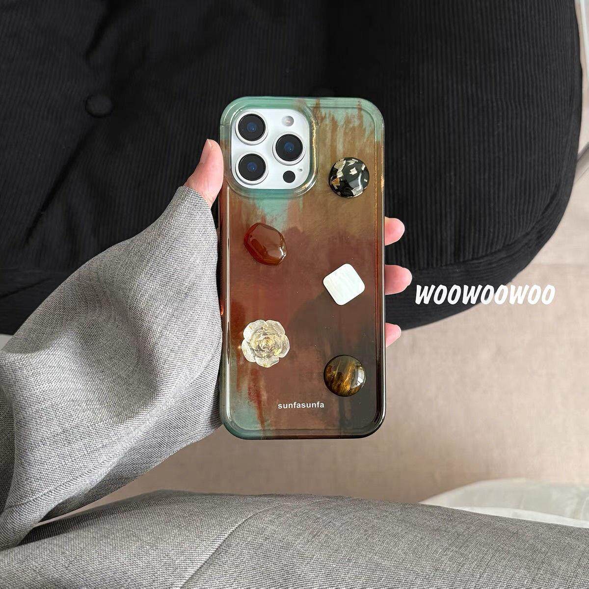 复古棕色晕染立体宝石花朵适用苹果15iphone16手机壳14promax全包