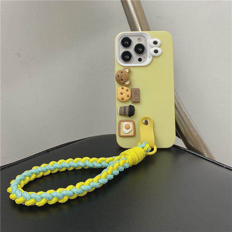 黄色卡通立体小熊适用苹果14promax手机壳iPhone15/12/13手绳11女