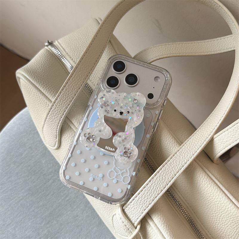 透明磁吸蓝色波点小熊+支架适用17pro手机壳iPhone17苹果16Pro