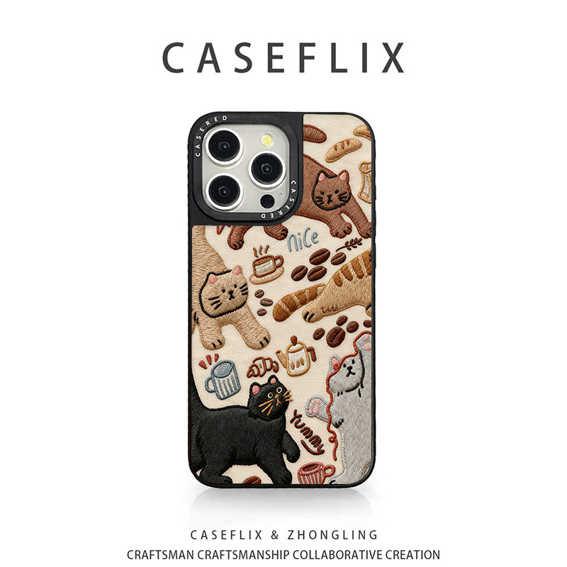 苹果17创意刺绣小猫手机壳