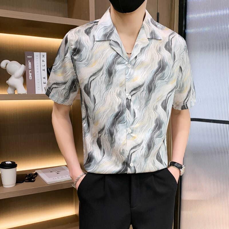 夏季新款印花短袖衬衫男士时尚潮流修身衬衣复古商务休闲痞帅上衣