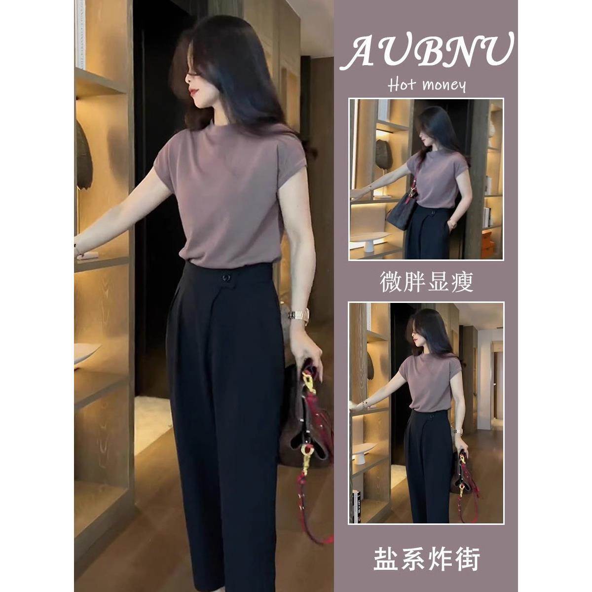 套装夏装女新款2026高级感休闲时尚复古短袖上衣九分西装裤两件套