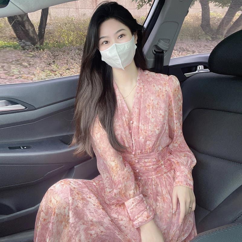 欧洲站春装女网红爆款洋装2023温柔风粉色碎花裙海边度假沙滩裙