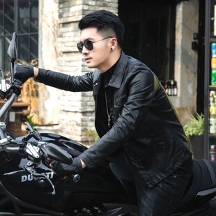 香港型男机车皮衣新款修身短款秋冬新款皮外套男韩版加绒真皮夹克
