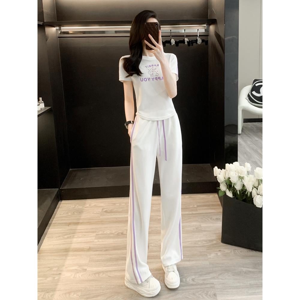 欧洲站白色运动休闲套装女2025新款夏季时尚洋气短袖阔腿裤两件套