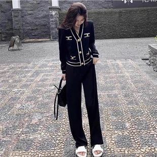 欧洲站2025秋冬新款港风复古黑色针织套装高级感气质阔腿裤两件套