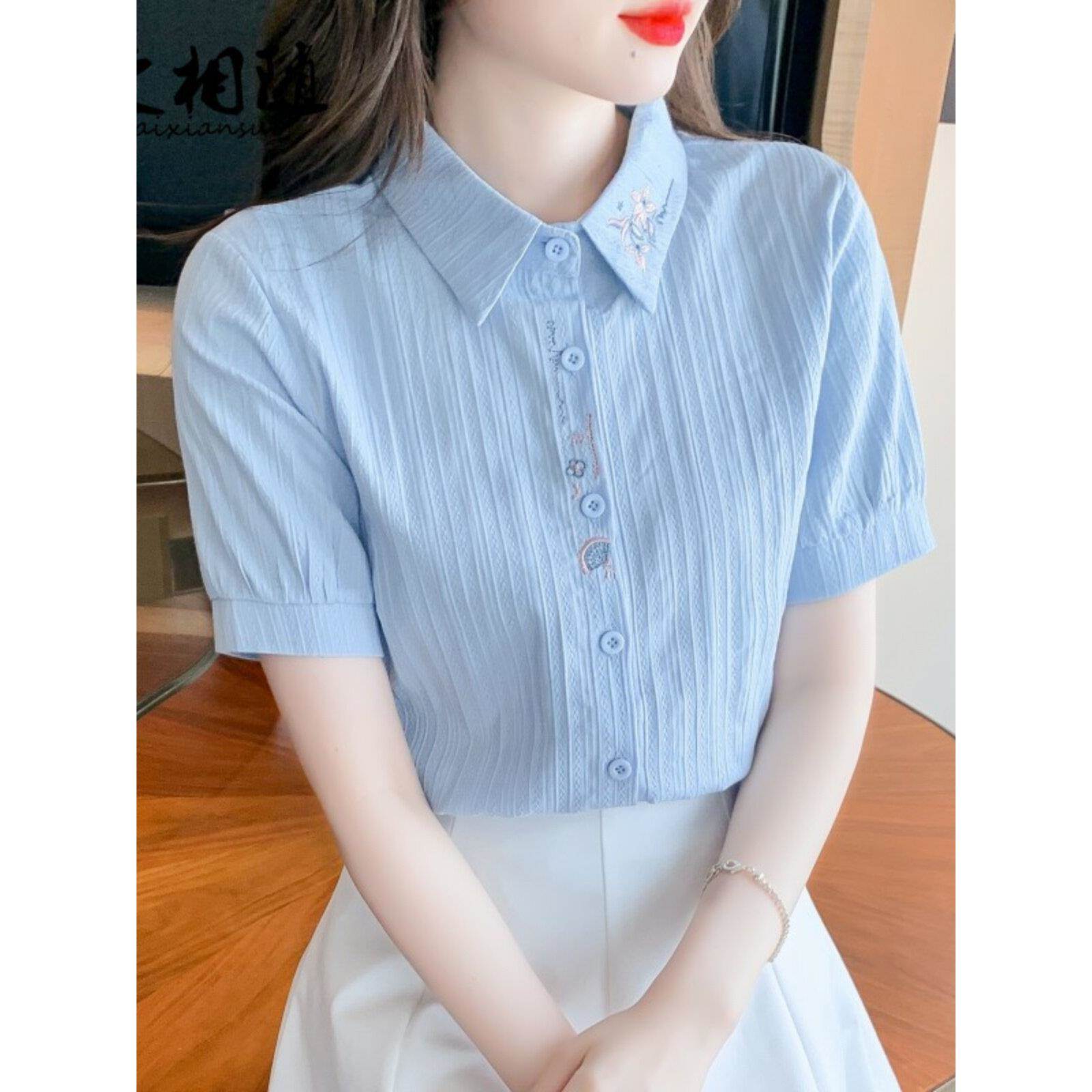 香港TIMO纯棉衬衫女洋气全棉设计感小众2025夏季短袖减龄职业上衣