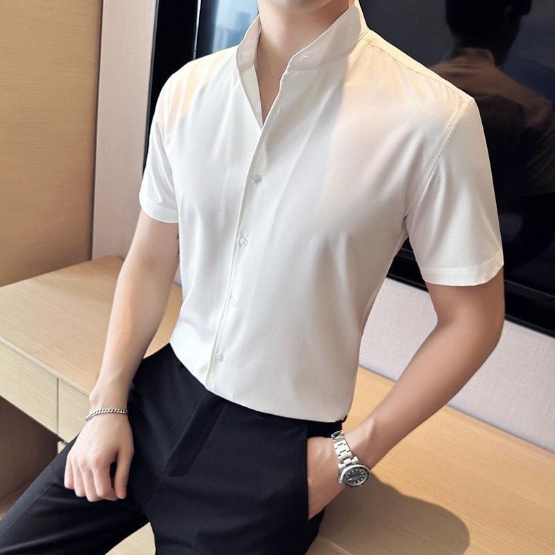 纯色立领短袖衬衫男新款夏季免熨烫垂感韩版修身高级感商务休闲衬
