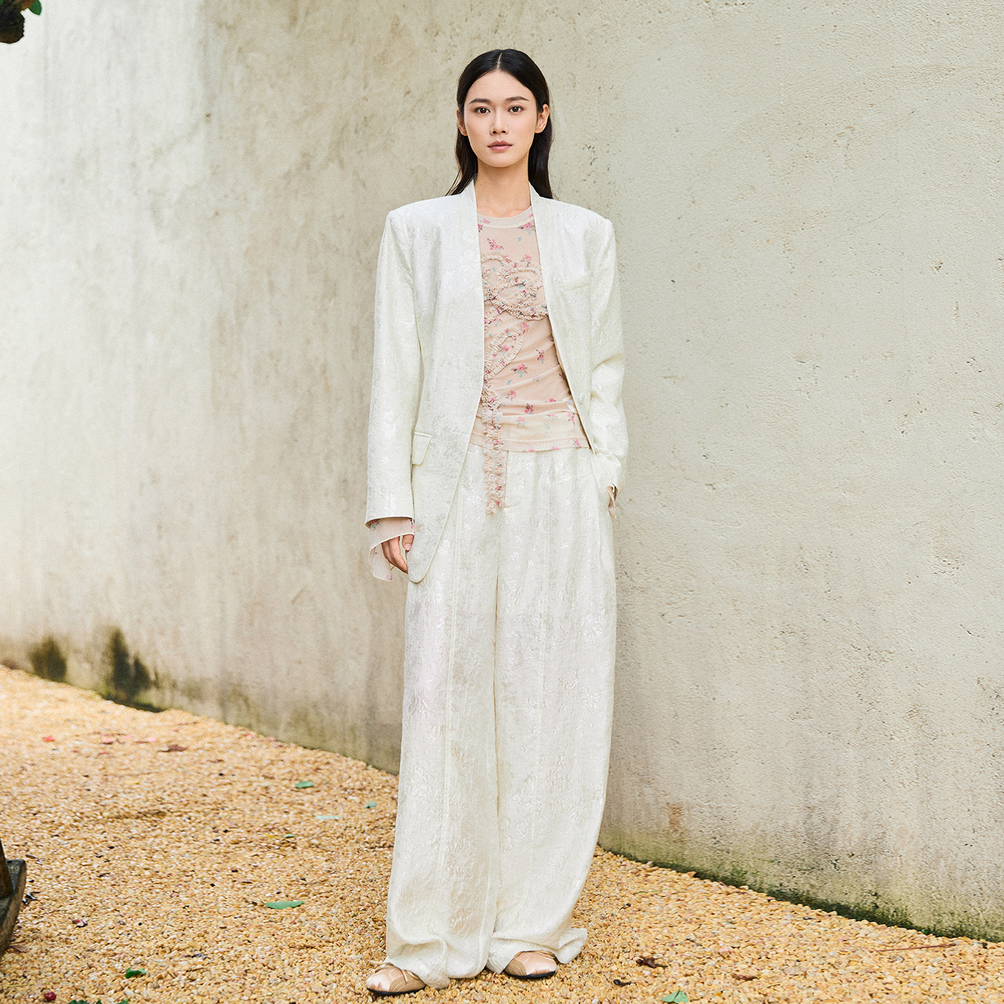 SEJIE色孑 紫陌初程复古白色提花中式西装外套轻奢廓形西服女