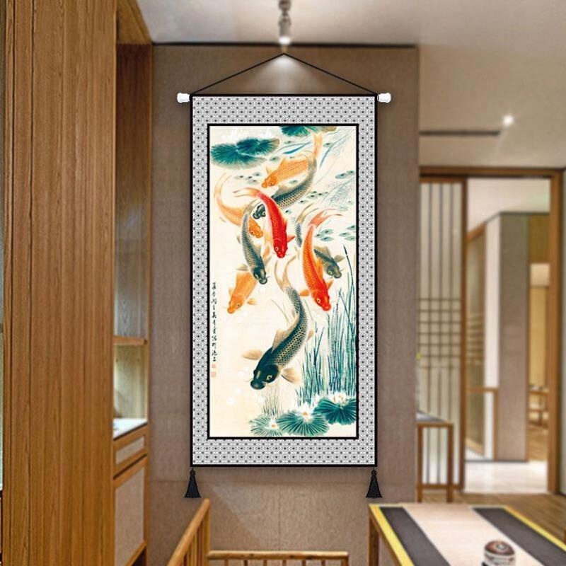 中式长方形九鱼图布艺挂画中国风装饰布置布画玄关空白墙布毯画图片