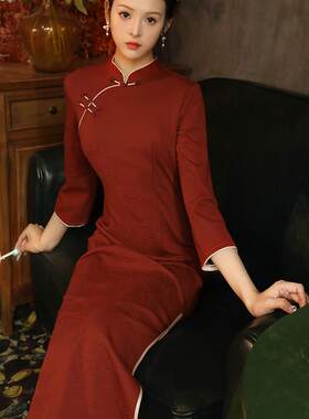 复古旗袍2024k新款女秋冬季红色敬酒服高端修身日常可穿长款连衣