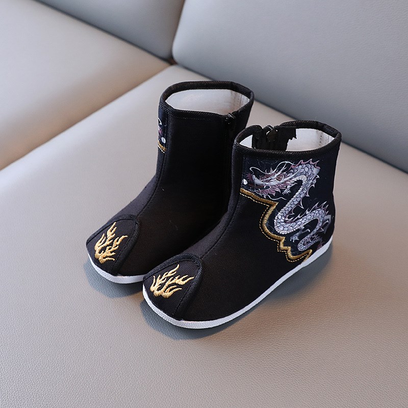 新款秋冬季民族风男童靴中国风刺绣汉服鞋加绒棉靴春节拜年服棉鞋