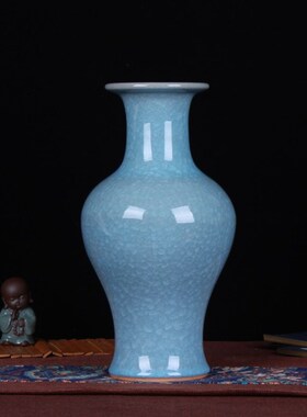 陶瓷工艺品摆件冰片仿古官窑裂纹釉蓝色鱼尾瓶简约复古工艺品