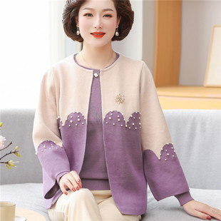 女装 中年妈妈秋装 春秋外套洋Z派套装 上衣40岁针织毛衣开衫 两件式