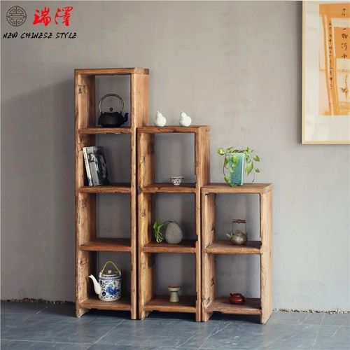新中式高低置物架覆古展示柜风化榆木茶室原木组合玄关柜客厅民宿