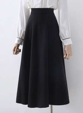 秋冬新款黑色毛呢半身裙女2021百搭高腰宽松遮胯U显瘦中长款裙子