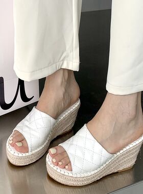 白色拍婚纱照坡跟凉拖鞋婚鞋女夏季新H款增高鞋厚底高跟凉鞋女外