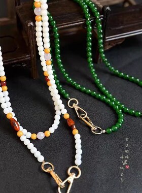 国风绿色珠子串珠项链女2024新款新中式复古国风手机链斜挎链配饰