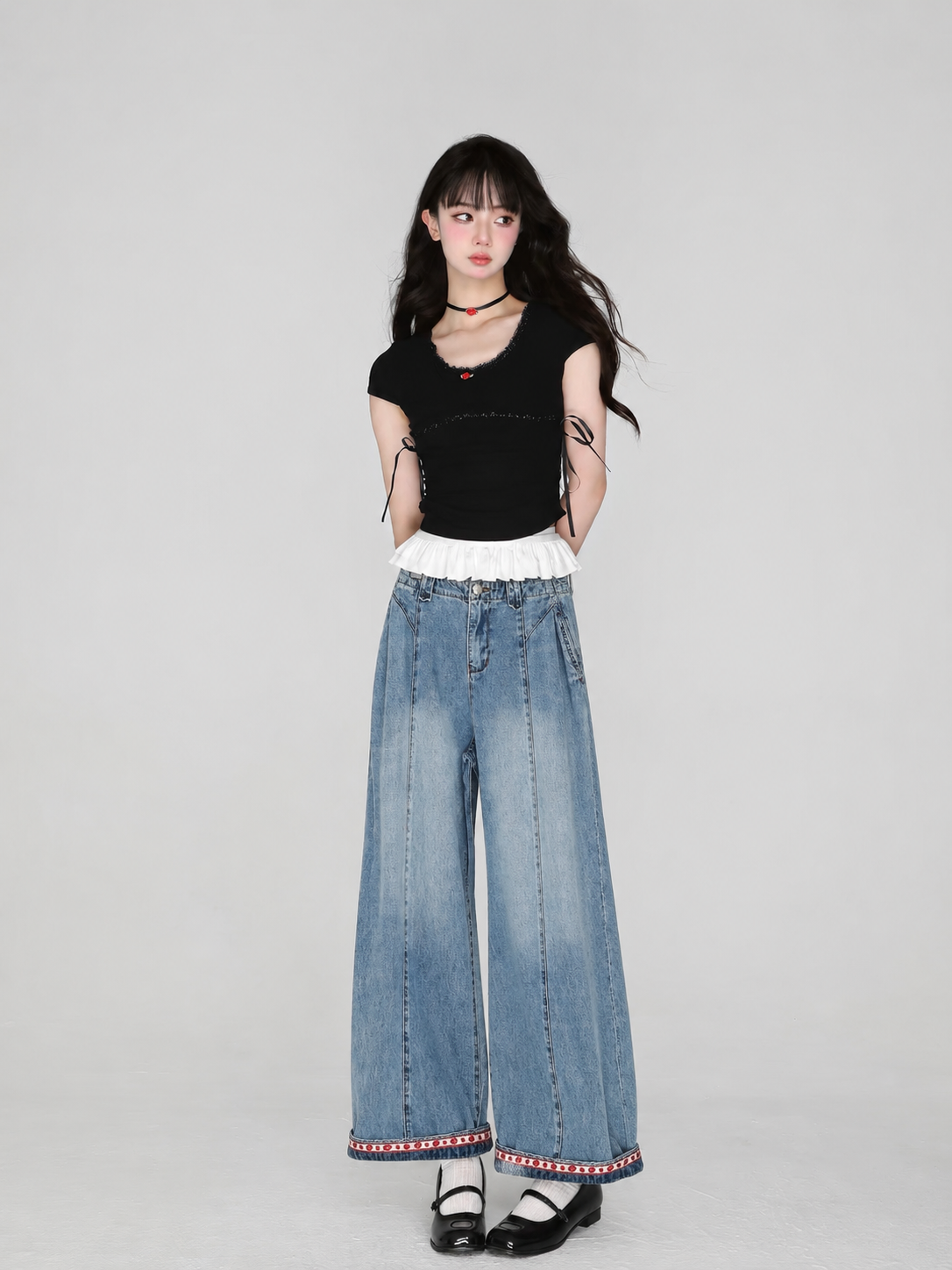 南油欧货2026春季新款 草莓弯刀阔腿牛仔裤女 高腰显瘦百搭休闲裤