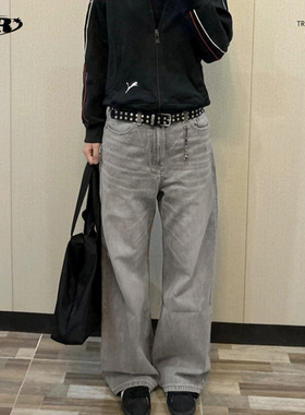 OREETA丨复古直筒水洗灰色牛仔裤潮牌美式高街阔腿宽松牛仔裤