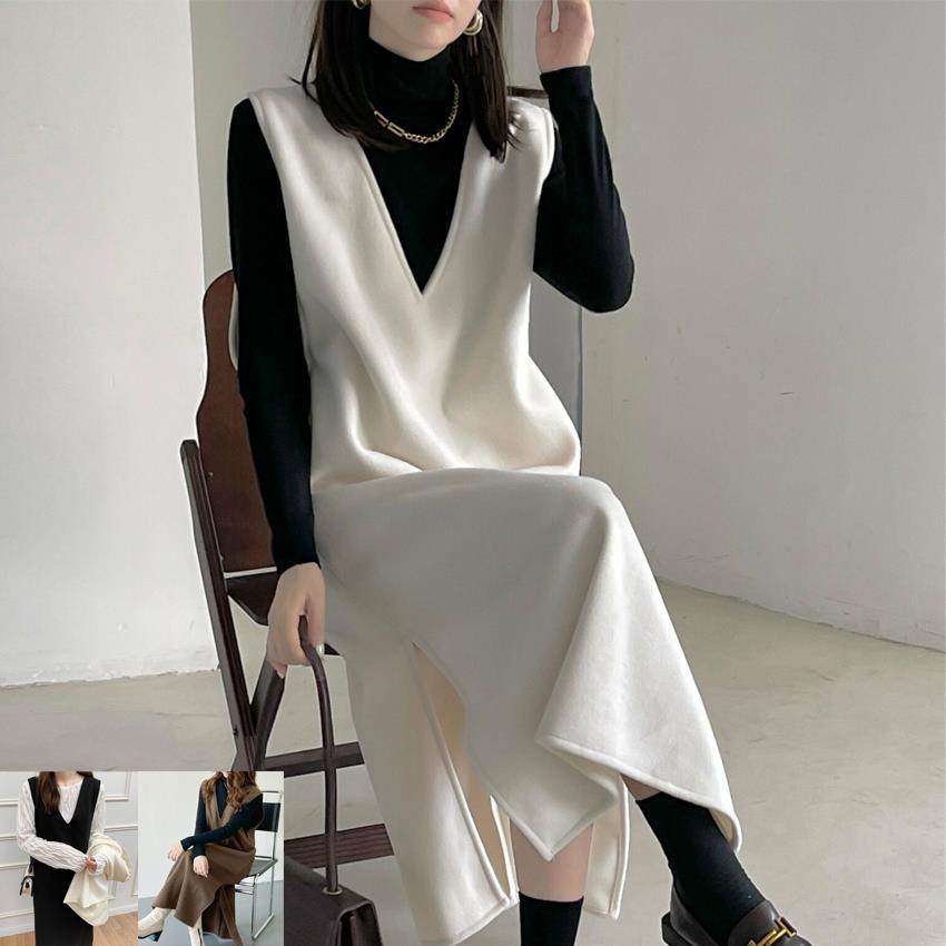 日韩系ins秋冬百搭叠穿毛呢加厚深V背心连衣裙 呢子背心马甲裙女