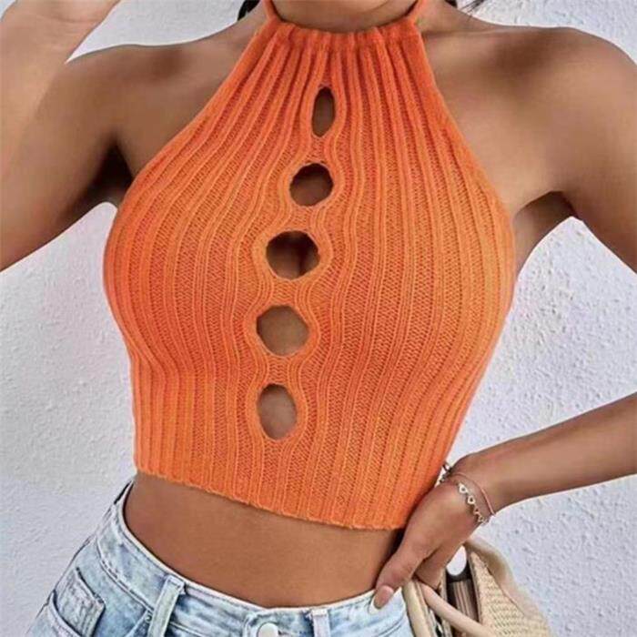 欧美性感针织挂脖背心短上衣女 knit halter crop tank top women