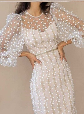 2023淑女气质刺绣透视网纱连衣裙Women elegant mesh dress