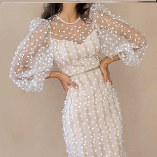 2023淑女气质刺绣透视网纱连衣裙Women elegant mesh dress