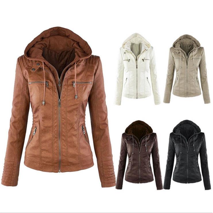 Jacket Women Euro Hood zipper coat Leather clothing皮夹克女