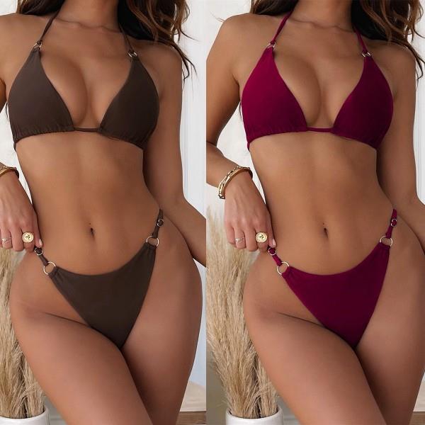 2021欧美外单比基尼纯色性感女分体泳衣三角系带泳装度假swimsuit