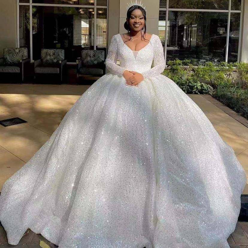 非洲新娘定制婚纱礼服蕾丝长袖系带 Customized wedding dress