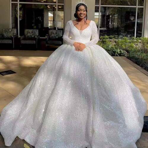 非洲新娘定制婚纱礼服蕾丝长袖系带 Customized wedding dress