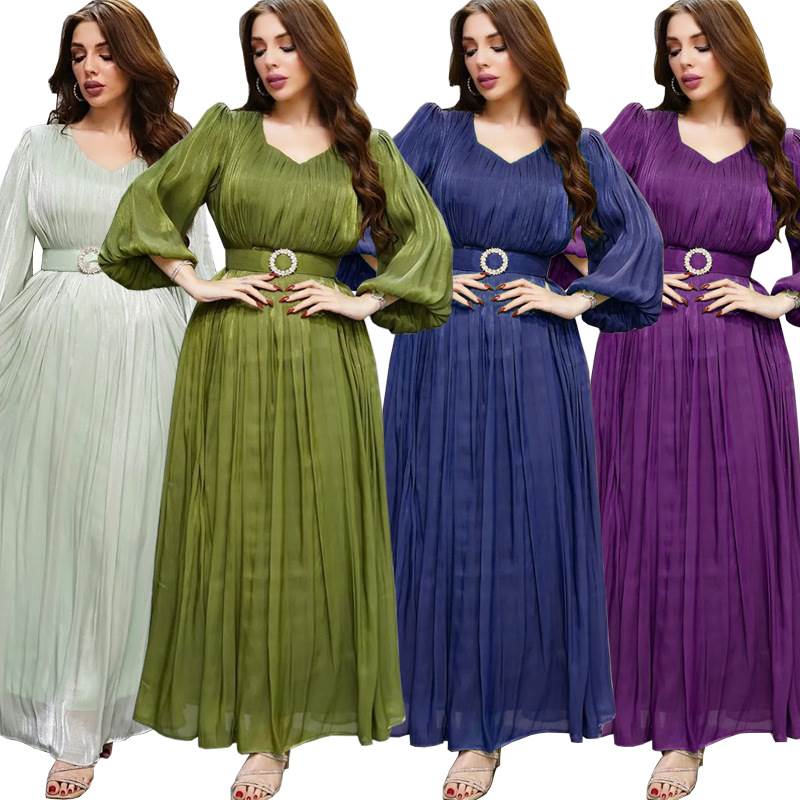 伯女装时尚亮丝缎连衣裙含金属腰带迪拜 long dress