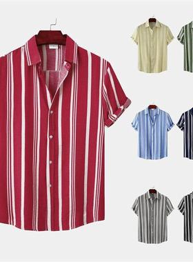 2025夏季新款休闲条纹印花短袖衬衣男士大码美式衬衫Men's Sh