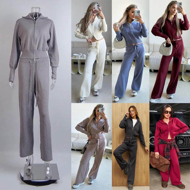 ins欧美女装春秋冬时尚长袖拉炼毛衣开衫长裤休闲运动两件套Suit