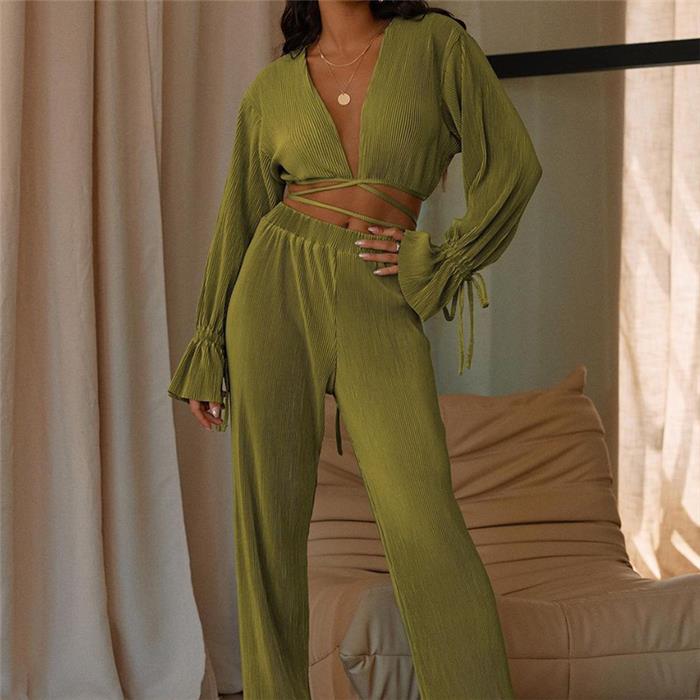 欧美时尚休闲性感短上衣裤子2套装女 crop top pants set outfits